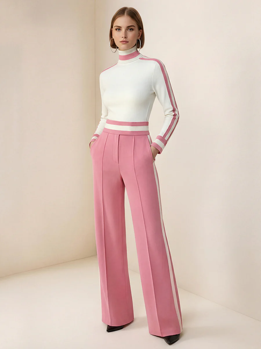 Loose Wide Leg Contrast Color Pockets Split-Joint Striped Pants - Image 9