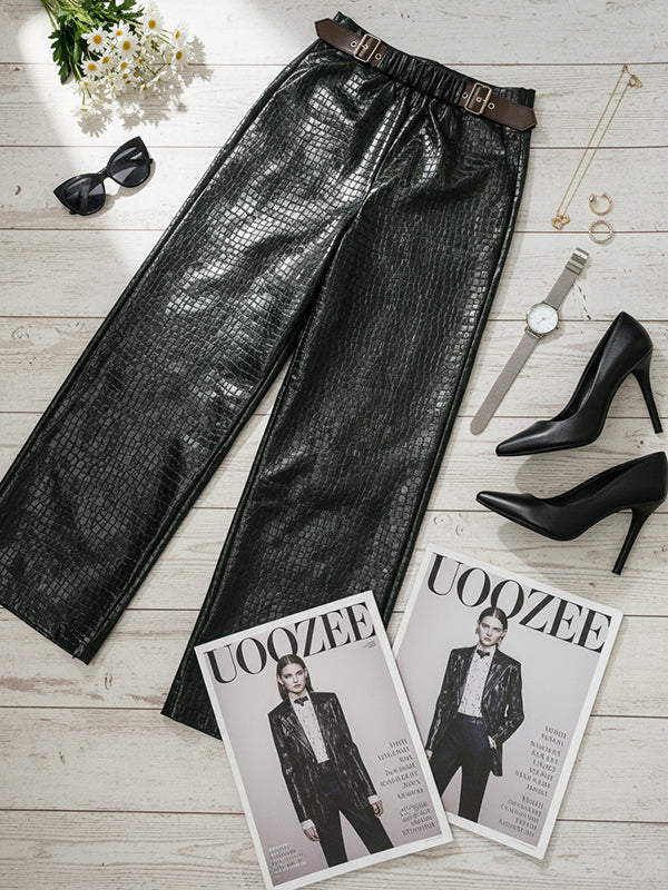 Loose Wide Leg Crocodile Texture Leather Loop Pants - Image 8