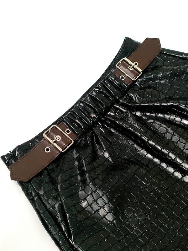 Loose Wide Leg Crocodile Texture Leather Loop Pants - Image 9