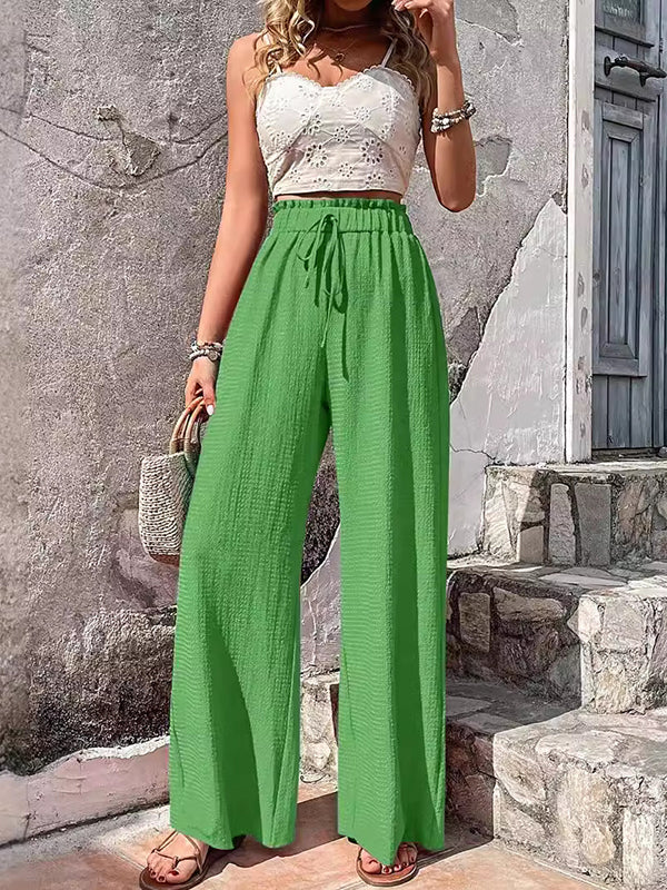 Loose Wide Leg Drawstring Elasticity Solid Color Split-Joint Pants Trousers - Image 2