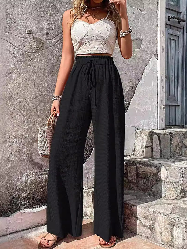 Loose Wide Leg Drawstring Elasticity Solid Color Split-Joint Pants Trousers - Image 5