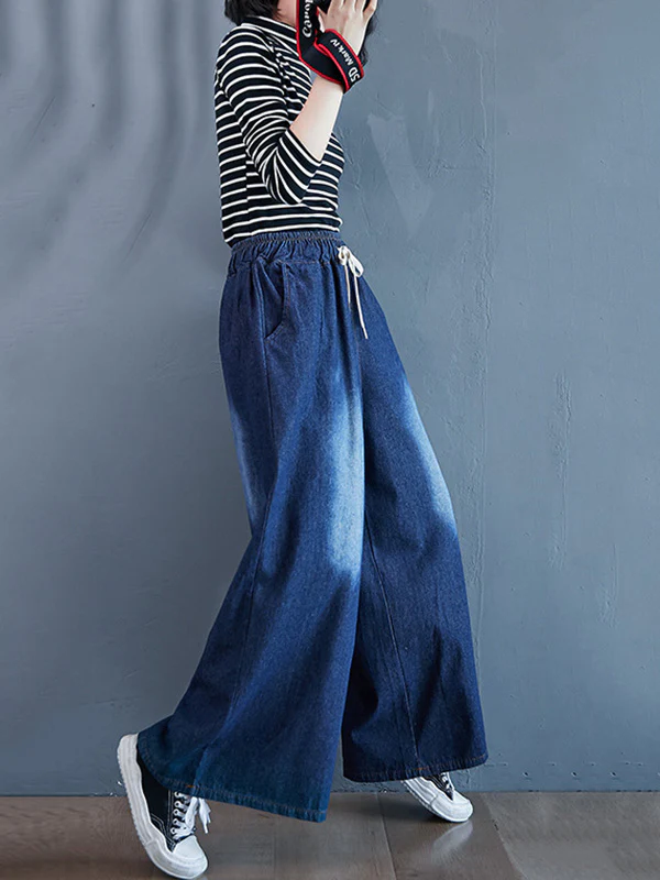 Loose Wide-Leg Drawstring Jean Pants - Image 10