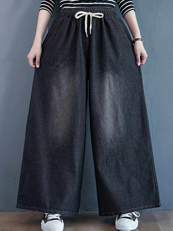 Loose Wide-Leg Drawstring Jean Pants - Image 11