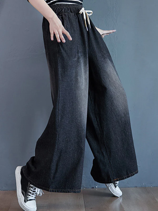 Loose Wide-Leg Drawstring Jean Pants - Image 2