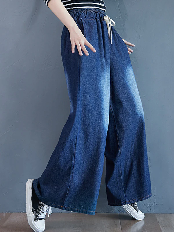 Loose Wide-Leg Drawstring Jean Pants - Image 3