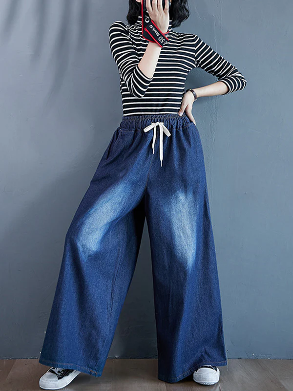 Loose Wide-Leg Drawstring Jean Pants - Image 4