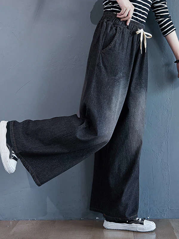 Loose Wide-Leg Drawstring Jean Pants - Image 5