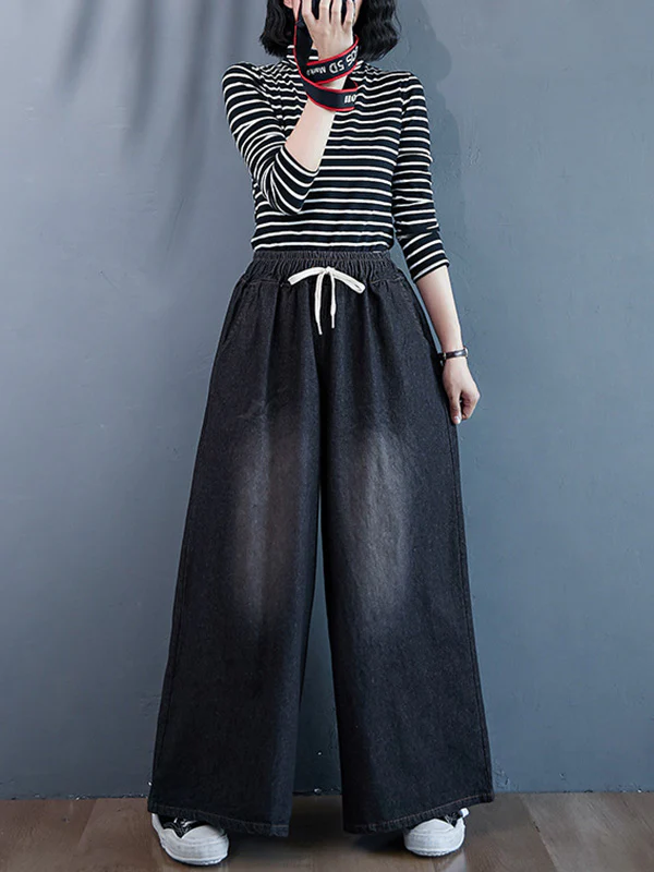 Loose Wide-Leg Drawstring Jean Pants - Image 6