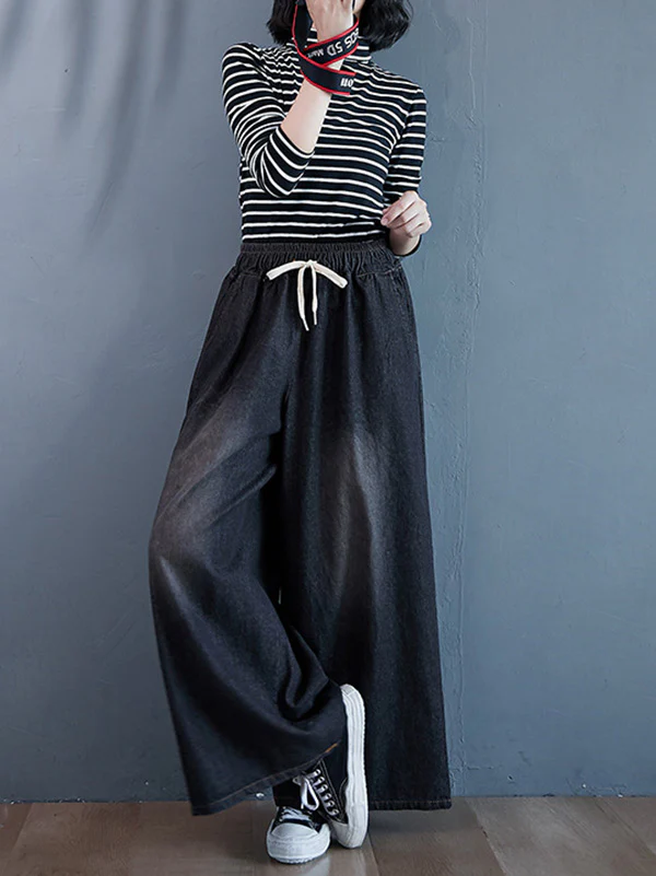 Loose Wide-Leg Drawstring Jean Pants - Image 7