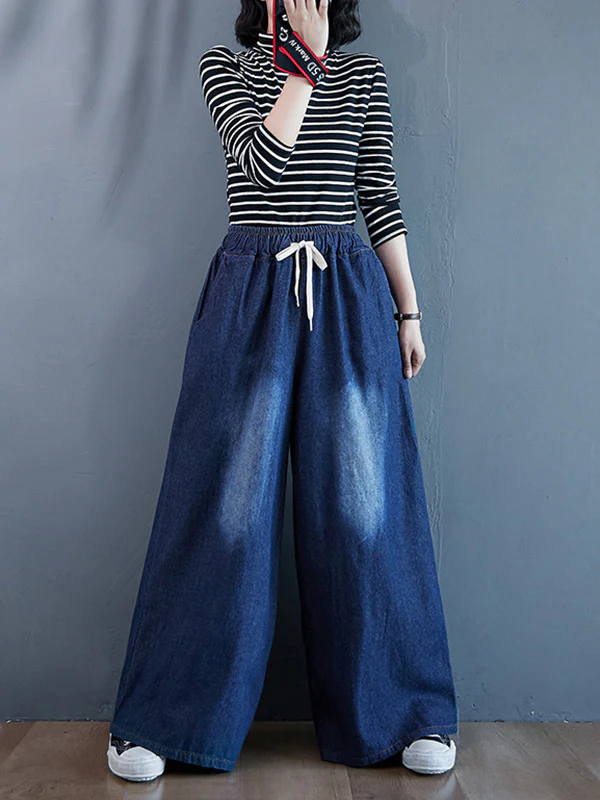 Loose Wide-Leg Drawstring Jean Pants - Image 8