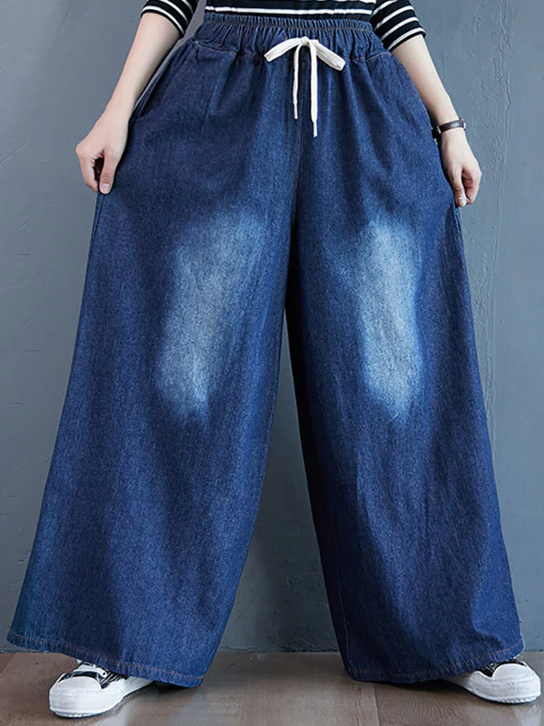 Loose Wide-Leg Drawstring Jean Pants - Image 9