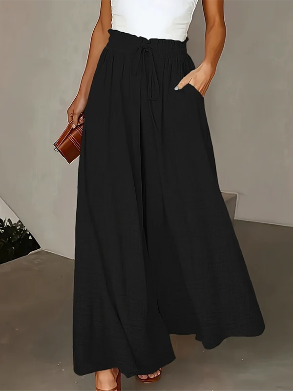 Loose Wide Leg Drawstring Solid Color Casual Pants Bottoms Trousers - Image 2