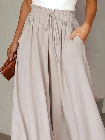 Loose Wide Leg Drawstring Solid Color Casual Pants Bottoms Trousers - Image 3