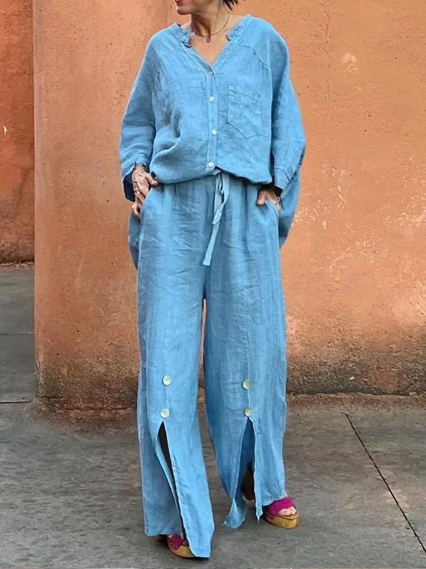 Loose Wide Leg Drawstring Solid Color Split-Front Split-Joint Pants Trousers - Image 3
