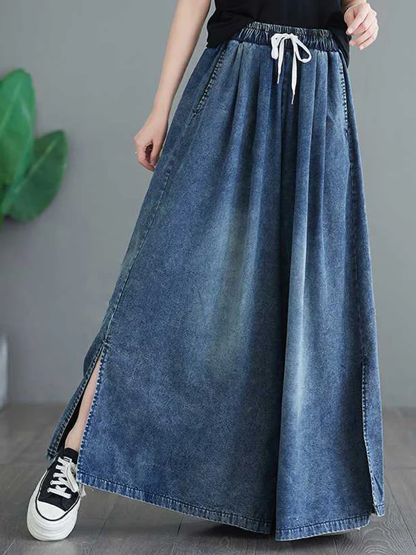 Loose Wide Leg Drawstring Split-Side Jean Pants Bottoms Trousers - Image 3