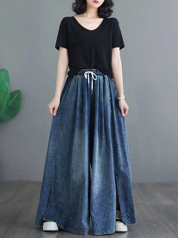 Loose Wide Leg Drawstring Split-Side Jean Pants Bottoms Trousers - Image 5