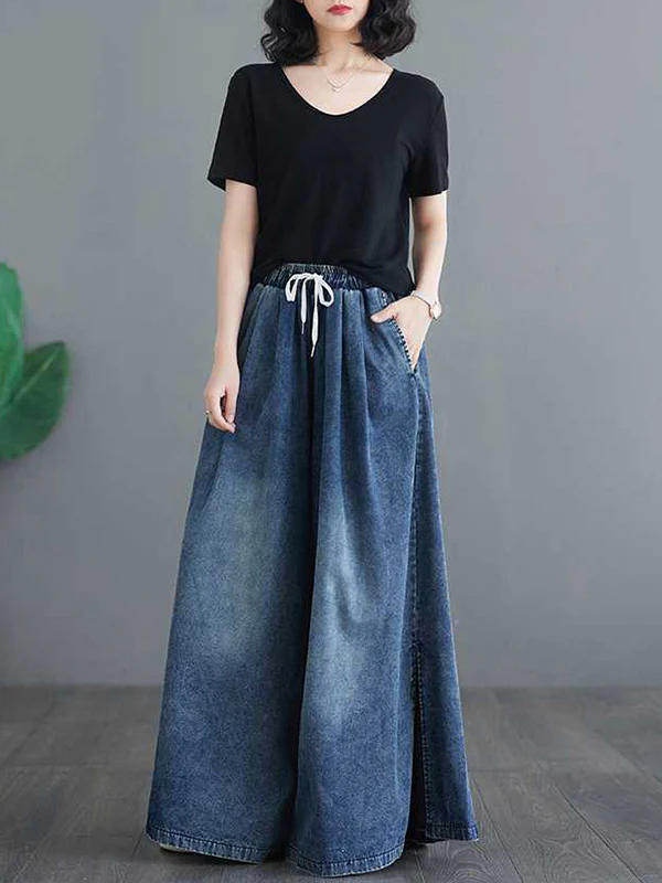 Loose Wide Leg Drawstring Split-Side Jean Pants Bottoms Trousers - Image 6