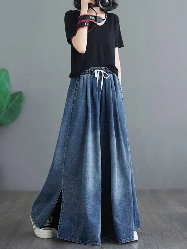 Loose Wide Leg Drawstring Split-Side Jean Pants Bottoms Trousers - Image 7