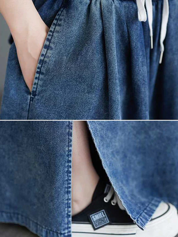 Loose Wide Leg Drawstring Split-Side Jean Pants Bottoms Trousers - Image 9