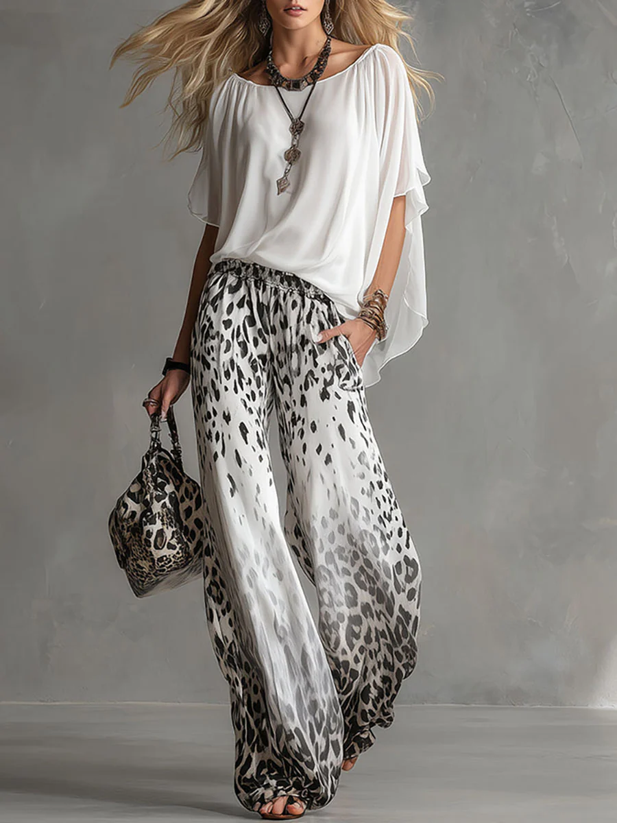 Loose Wide Leg Elasticity Gradient Leopard Pockets Trousers Wide Leg Pants - Image 3
