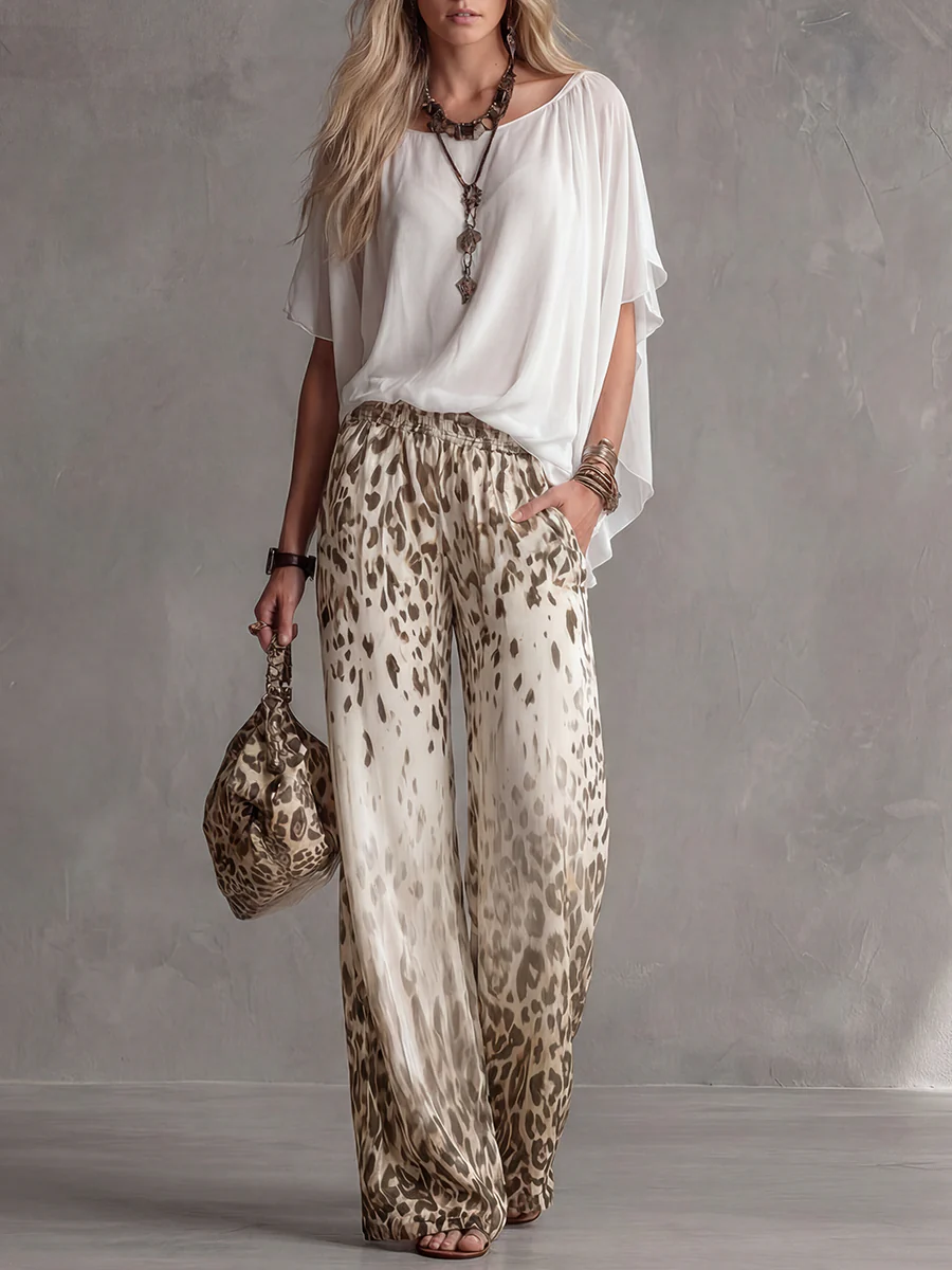 Loose Wide Leg Elasticity Gradient Leopard Pockets Trousers Wide Leg Pants - Image 4