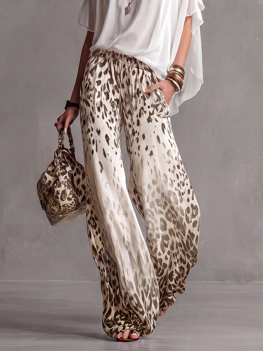 Loose Wide Leg Elasticity Gradient Leopard Pockets Trousers Wide Leg Pants - Image 5