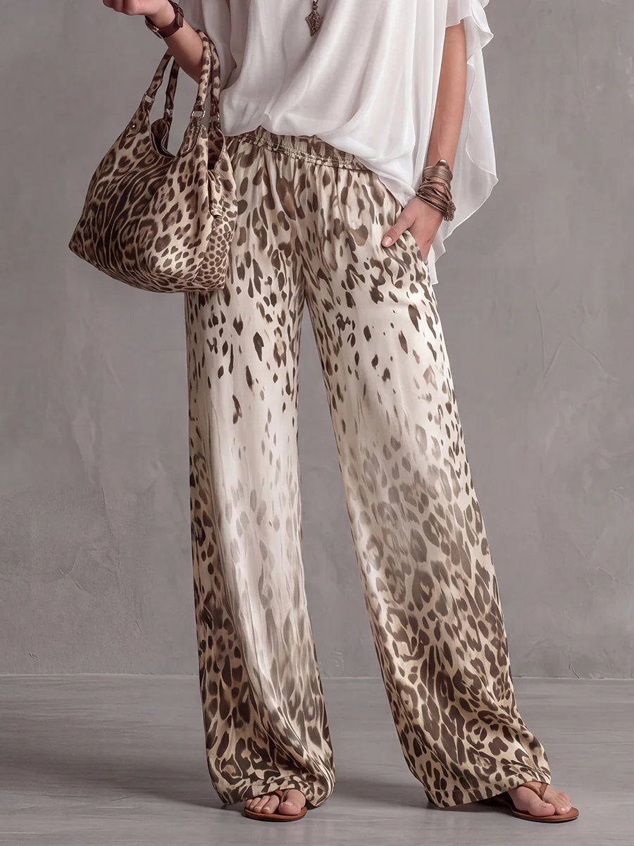 Loose Wide Leg Elasticity Gradient Leopard Pockets Trousers Wide Leg Pants - Image 6