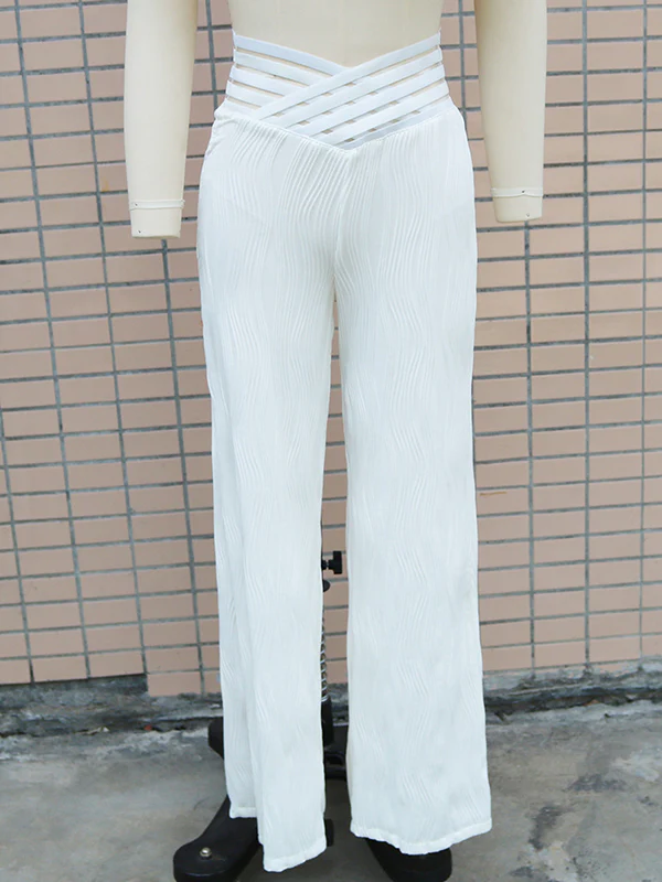 Loose Wide Leg Elasticity Hollow Pleated Solid Color Pants Trousers - Image 10
