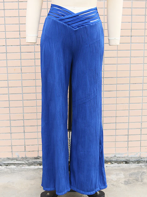 Loose Wide Leg Elasticity Hollow Pleated Solid Color Pants Trousers - Image 12