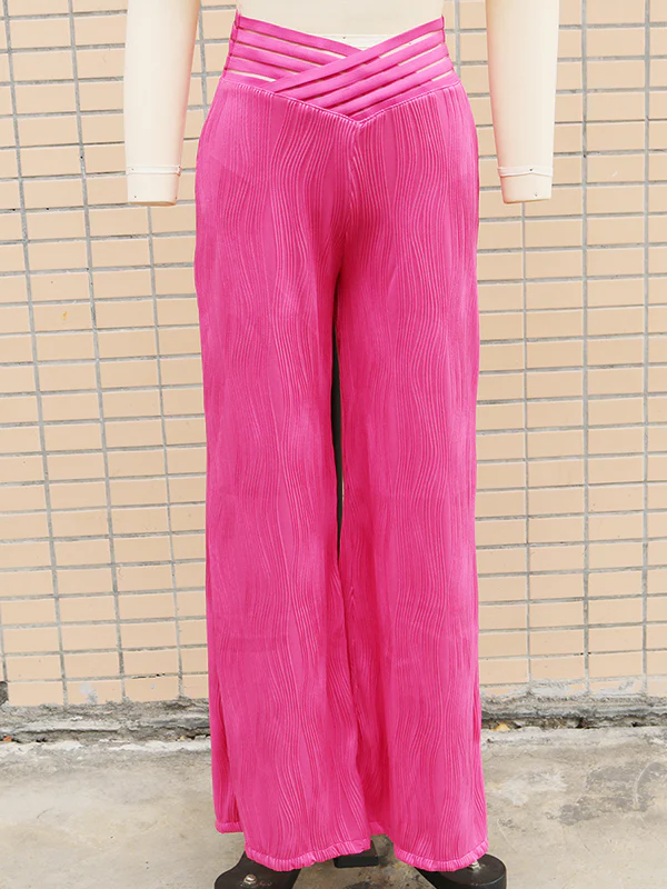 Loose Wide Leg Elasticity Hollow Pleated Solid Color Pants Trousers - Image 14