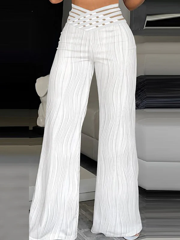 Loose Wide Leg Elasticity Hollow Pleated Solid Color Pants Trousers - Image 2