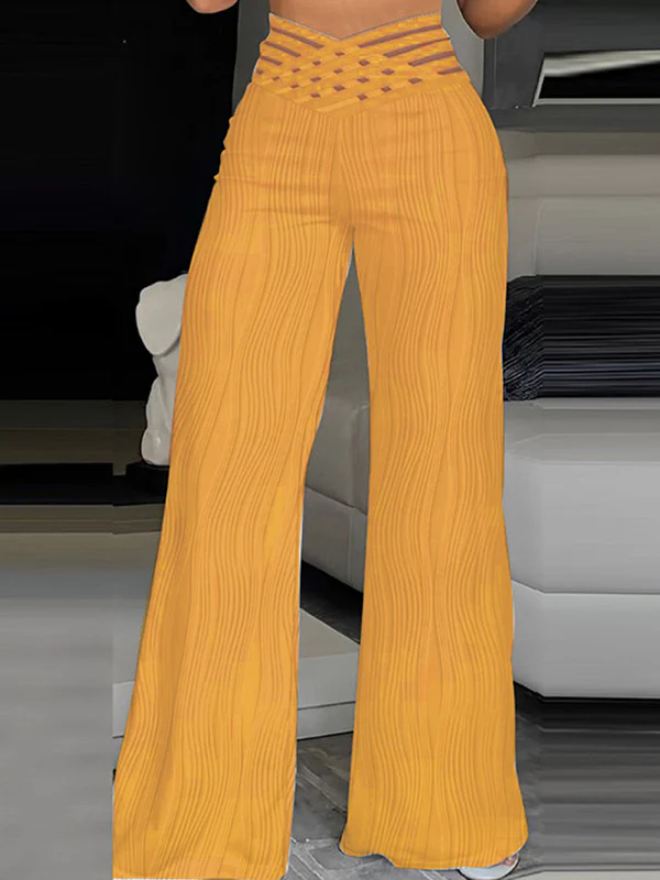 Loose Wide Leg Elasticity Hollow Pleated Solid Color Pants Trousers - Image 3