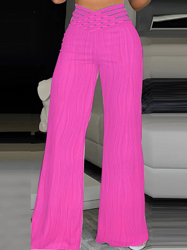 Loose Wide Leg Elasticity Hollow Pleated Solid Color Pants Trousers - Image 4