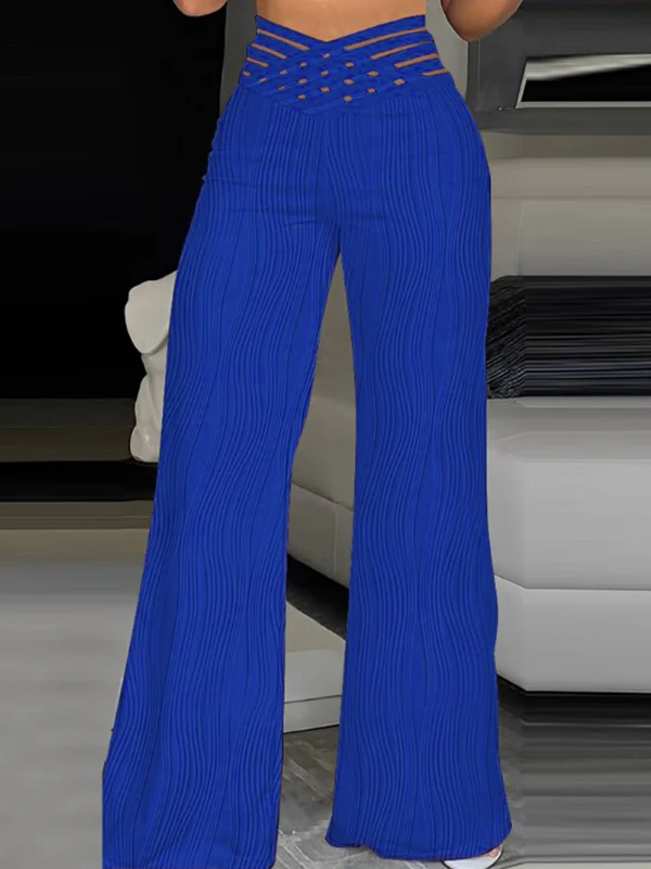 Loose Wide Leg Elasticity Hollow Pleated Solid Color Pants Trousers - Image 5
