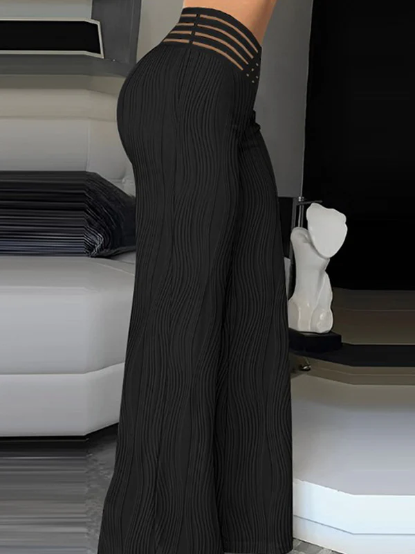 Loose Wide Leg Elasticity Hollow Pleated Solid Color Pants Trousers - Image 7