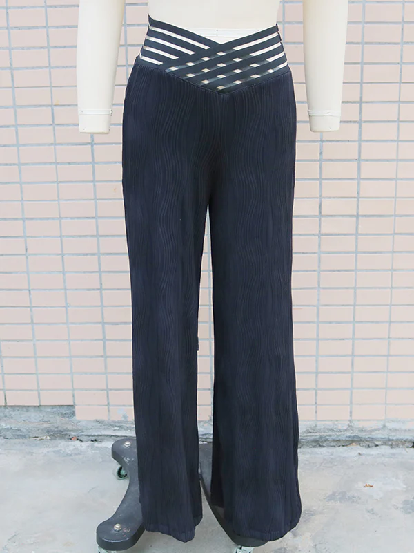 Loose Wide Leg Elasticity Hollow Pleated Solid Color Pants Trousers - Image 8