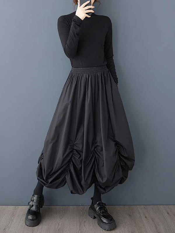 Loose Wide Leg Elasticity Pleated Pockets Solid Color Culotte Ninth Pants - Image 2