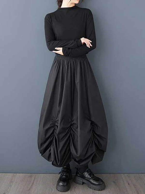 Loose Wide Leg Elasticity Pleated Pockets Solid Color Culotte Ninth Pants - Image 3