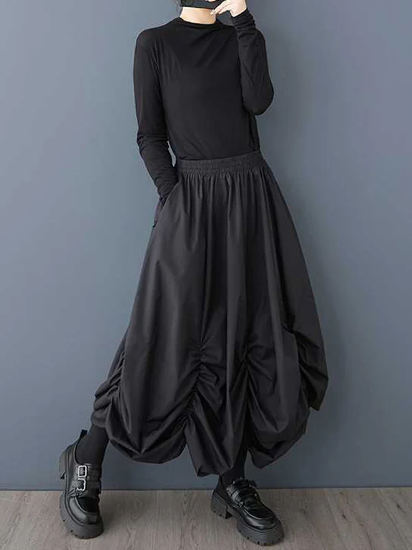 Loose Wide Leg Elasticity Pleated Pockets Solid Color Culotte Ninth Pants - Image 4