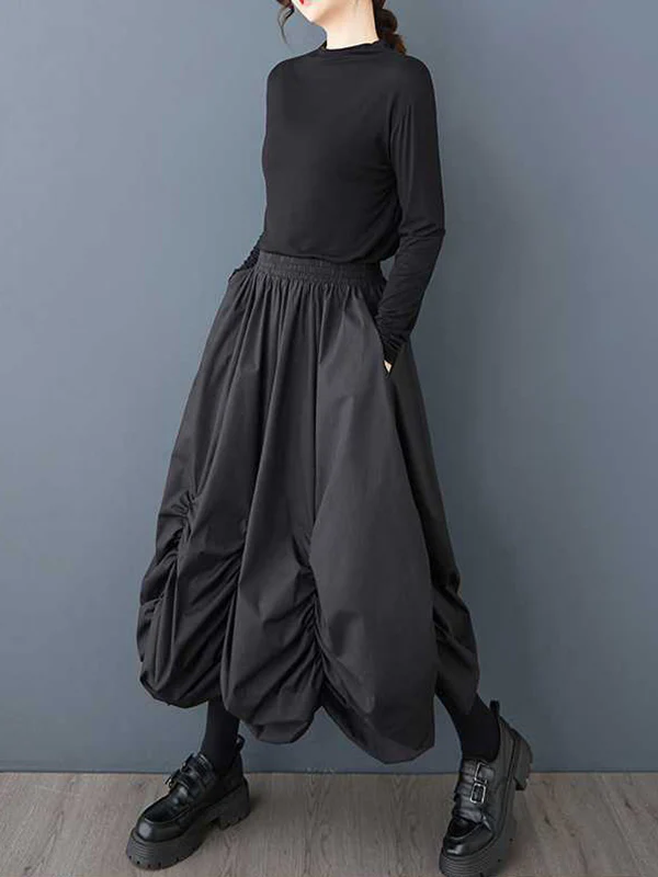 Loose Wide Leg Elasticity Pleated Pockets Solid Color Culotte Ninth Pants - Image 6