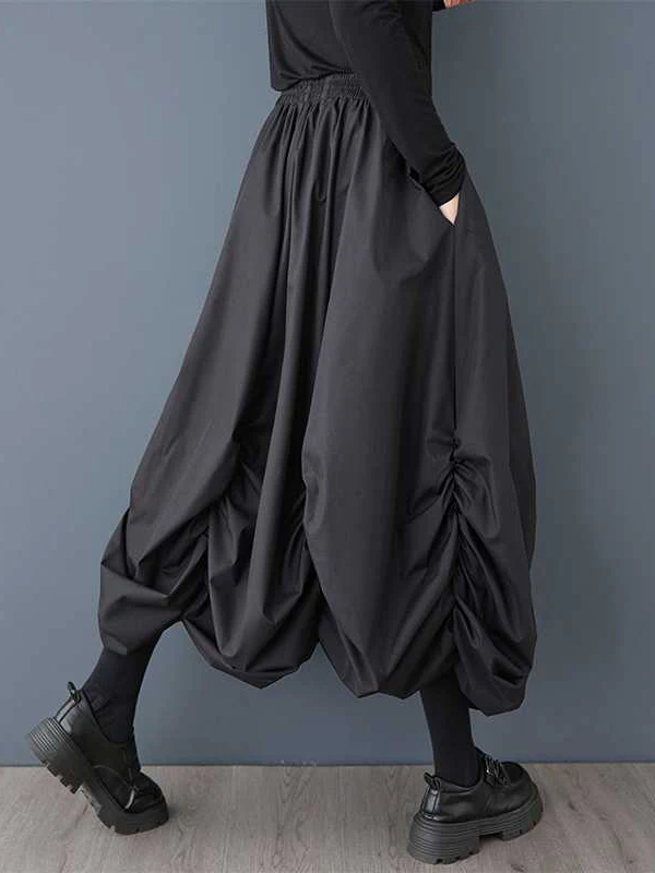 Loose Wide Leg Elasticity Pleated Pockets Solid Color Culotte Ninth Pants - Image 7