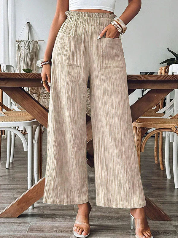 Loose Wide Leg Elasticity Pleated Pockets Solid Color Split-Joint Pants Trousers - Image 2