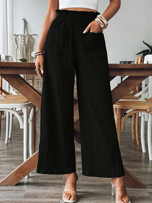 Loose Wide Leg Elasticity Pleated Pockets Solid Color Split-Joint Pants Trousers - Image 3