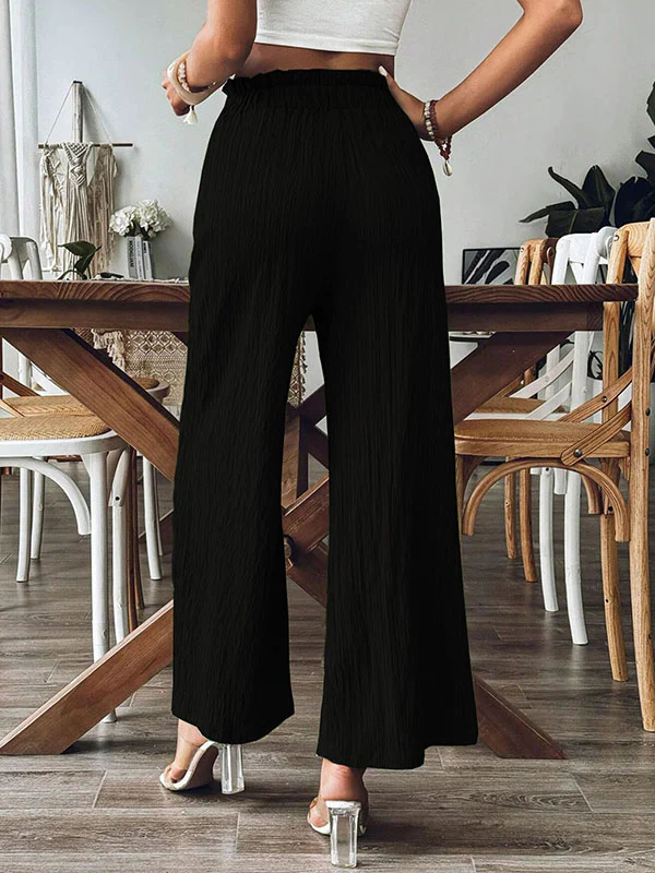 Loose Wide Leg Elasticity Pleated Pockets Solid Color Split-Joint Pants Trousers - Image 4
