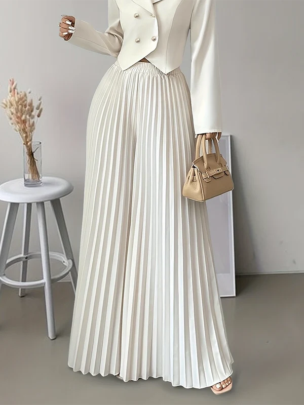 Loose Wide Leg Elasticity Pleated Solid Color Casual Pants Bottoms Trousers