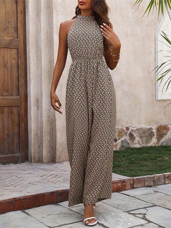 Loose Wide Leg Elasticity Printed Split-Joint Round-Neck Jumpsuits - Image 2