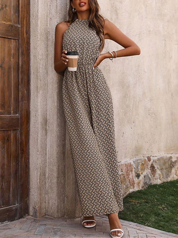 Loose Wide Leg Elasticity Printed Split-Joint Round-Neck Jumpsuits - Image 4