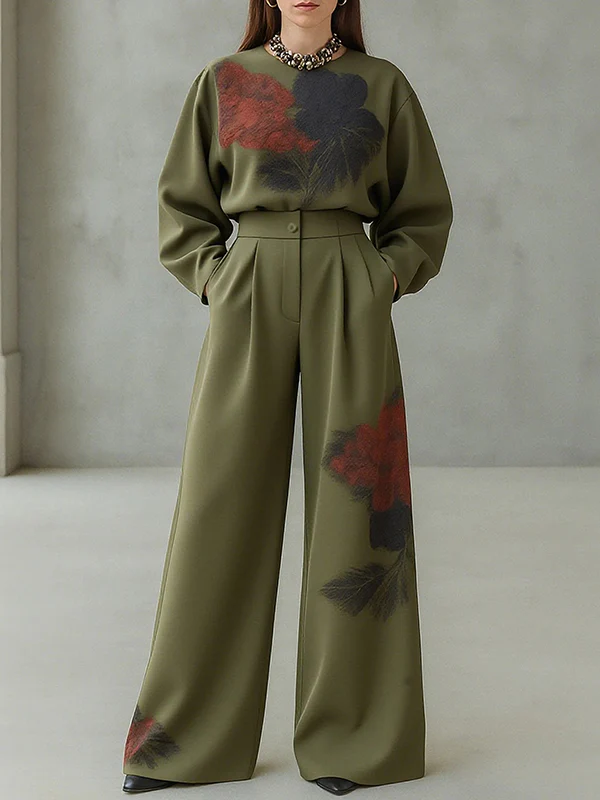 Loose Wide Leg Floral Printed Pleated Split-Joint Pants Trousers - Image 2