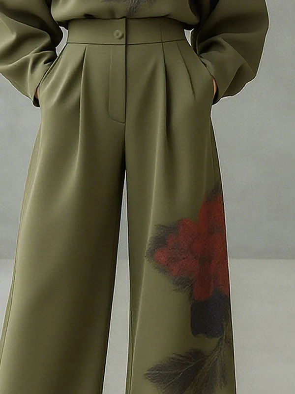 Loose Wide Leg Floral Printed Pleated Split-Joint Pants Trousers - Image 3
