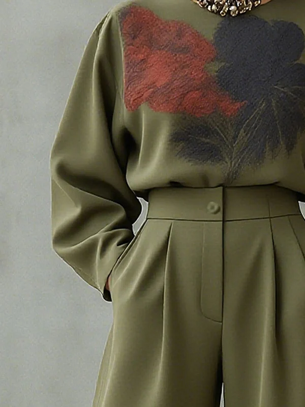 Loose Wide Leg Floral Printed Pleated Split-Joint Pants Trousers - Image 4